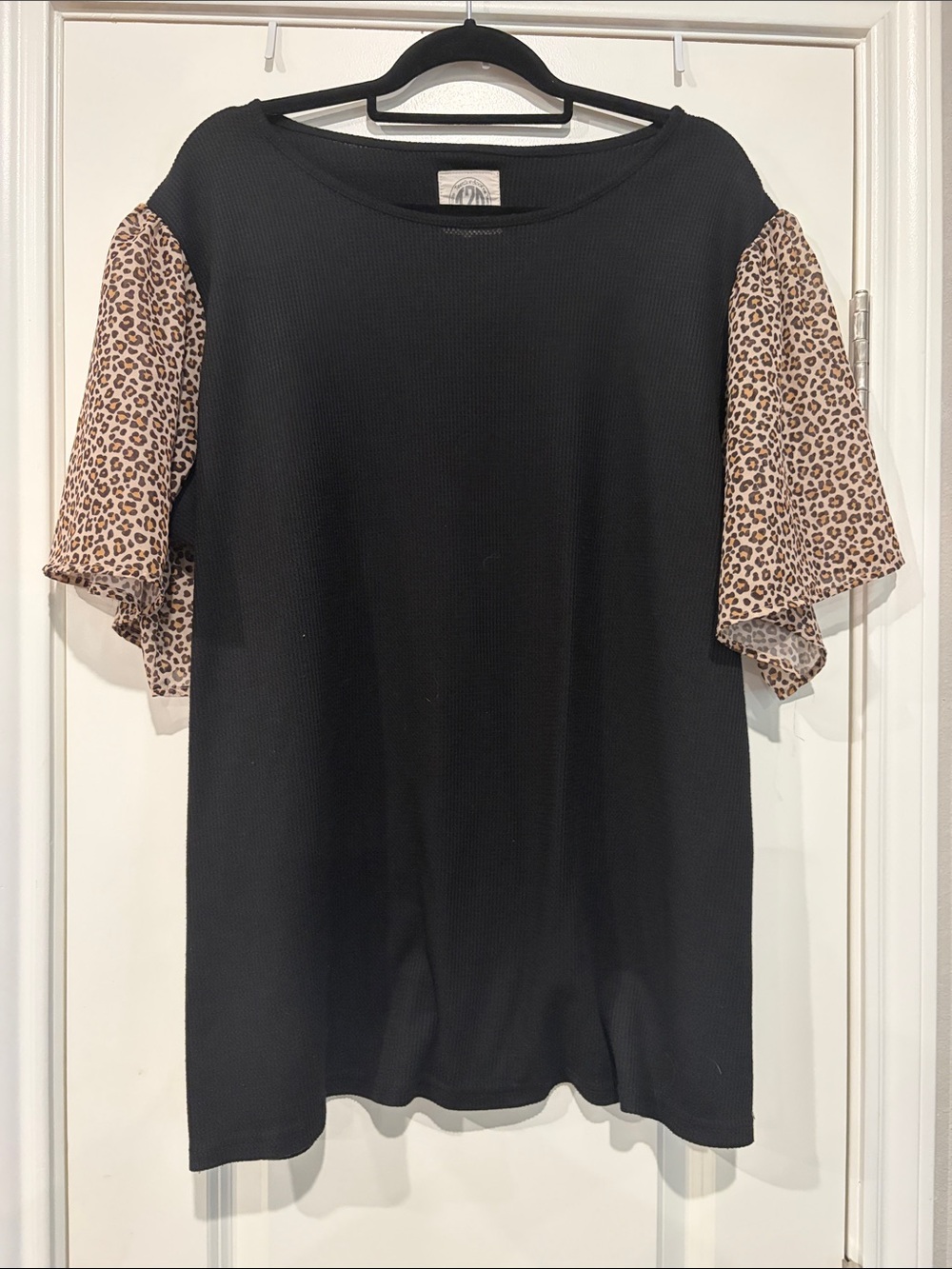 Black Short-Sleeve Top with Leopard Flutter Sleeves